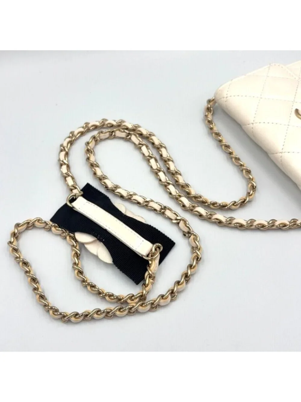 Chanel Quilted Camellia Ribbon Wallet Lambskin Fabric Black White Shoulder